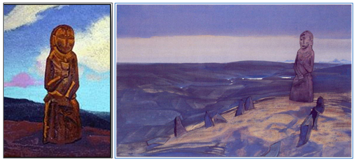 Nikolaj K. Roerich: Guardiano con un Calice ornato da fuoco posto nella sua mano sinistra, visto da Roerich in Mongolia nel deserto del Gobi  (da https://www.sapienzamisterica.it/la-missione-di-n.-roerich-in-asia-centrale.html)