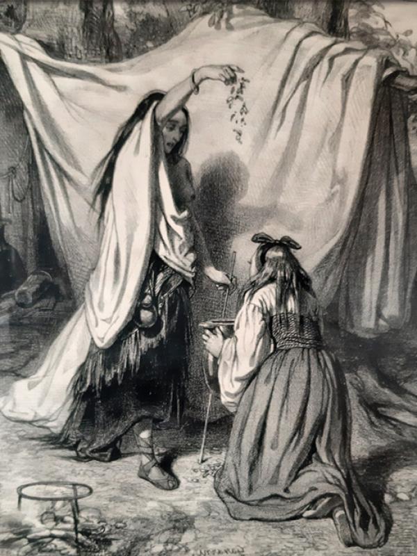 Strega-alchimista all’opera per una pozione magica, secolo XVIII. Titolo: L’artiste – le philtre. Stampatore D’Aubert & C., autore Gavarni. Misure: cm. 20x30