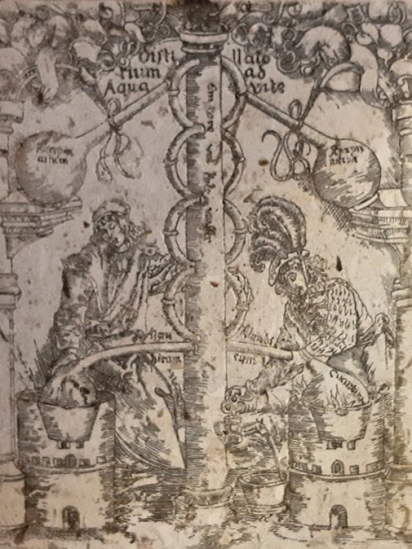 Tavola in ceramica per la stampa di libri sulla distillazione, secolo XVII. Misure: cm. 20x25. ALK